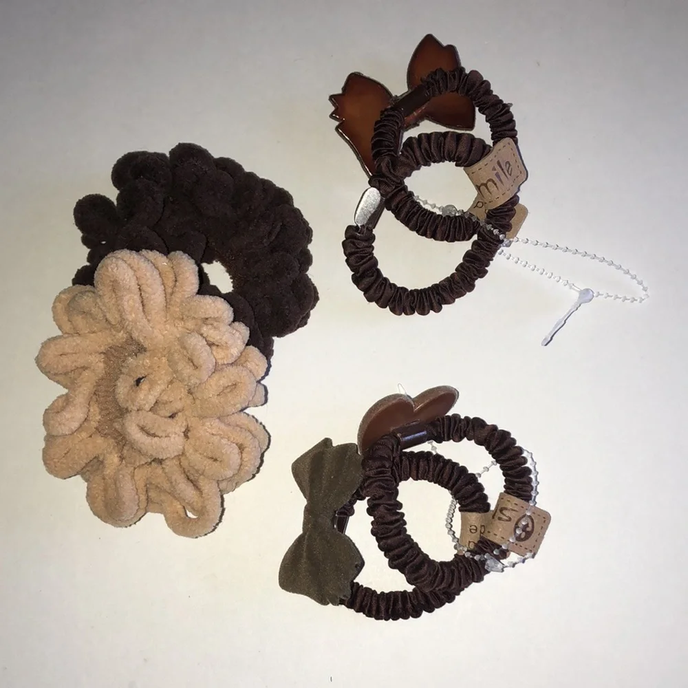 Plush Bow & Heart Hair Tie Set - Brown & Tan